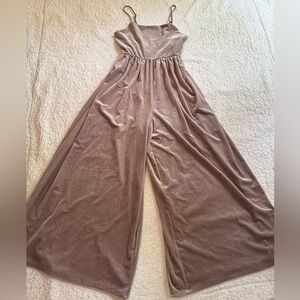 Urban Outfitters Emmabella Jumpsuit Velvet Square Neck Wide Leg Beige Size Small